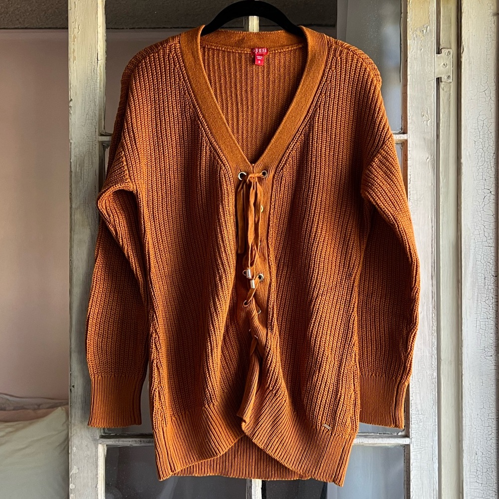 Guess Orange Cotton Blend Long Sleeve Knit V-Neck Sweater